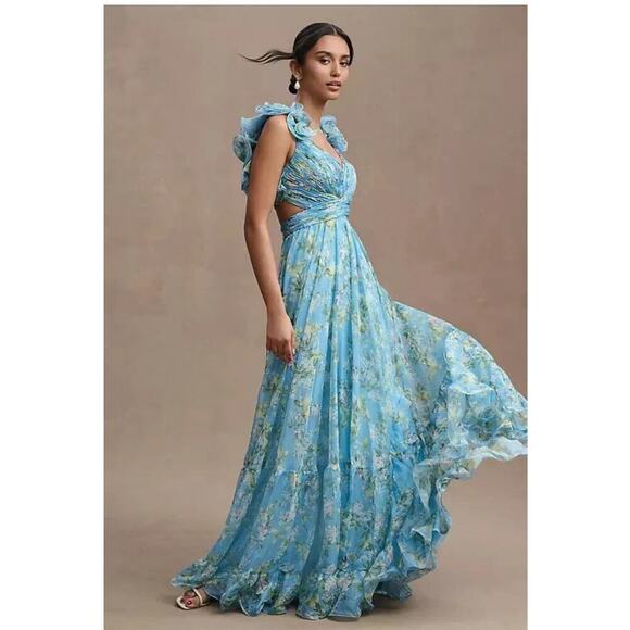 Mac Duggal Ruffle Tiered Floral Cut-Out Chiffon Gown Blue Multi Size 6 NWT - Picture 1 of 13